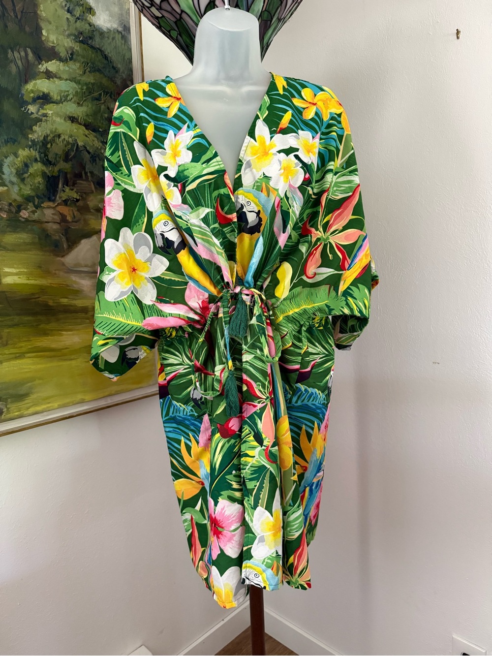 Tropical Floral Tie-Front Kimono Cover-Up Featuring a Macaw